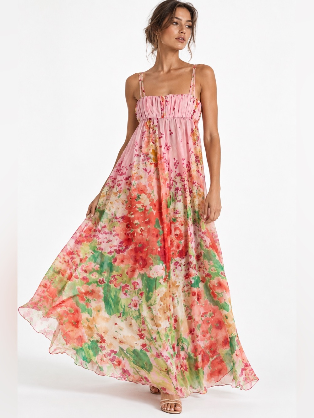 Zara Woman 100% Silk Floral Maxi Dress M Pink Watercolor Cottagecore